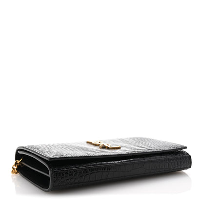 Saint Laurent Calfskin Crocodile Embossed Cassandre Wallet On Chain WOC Black 4 of 10