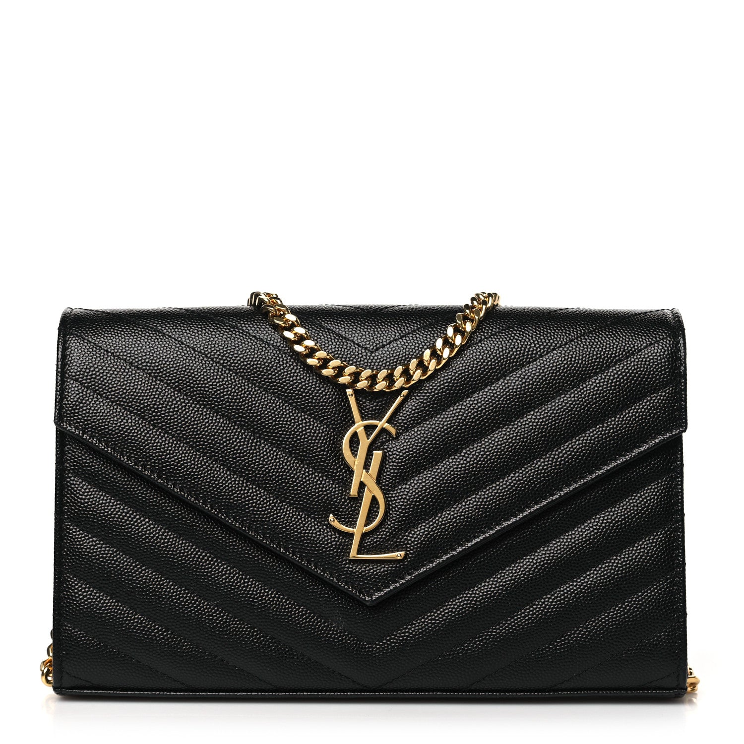 Saint Laurent Grain De Poudre Matelasse Chevron Monogram Chain Wallet Black 1 of 9
