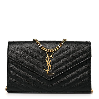 Saint Laurent Grain De Poudre Matelasse Chevron Monogram Chain Wallet Black 1 of 9