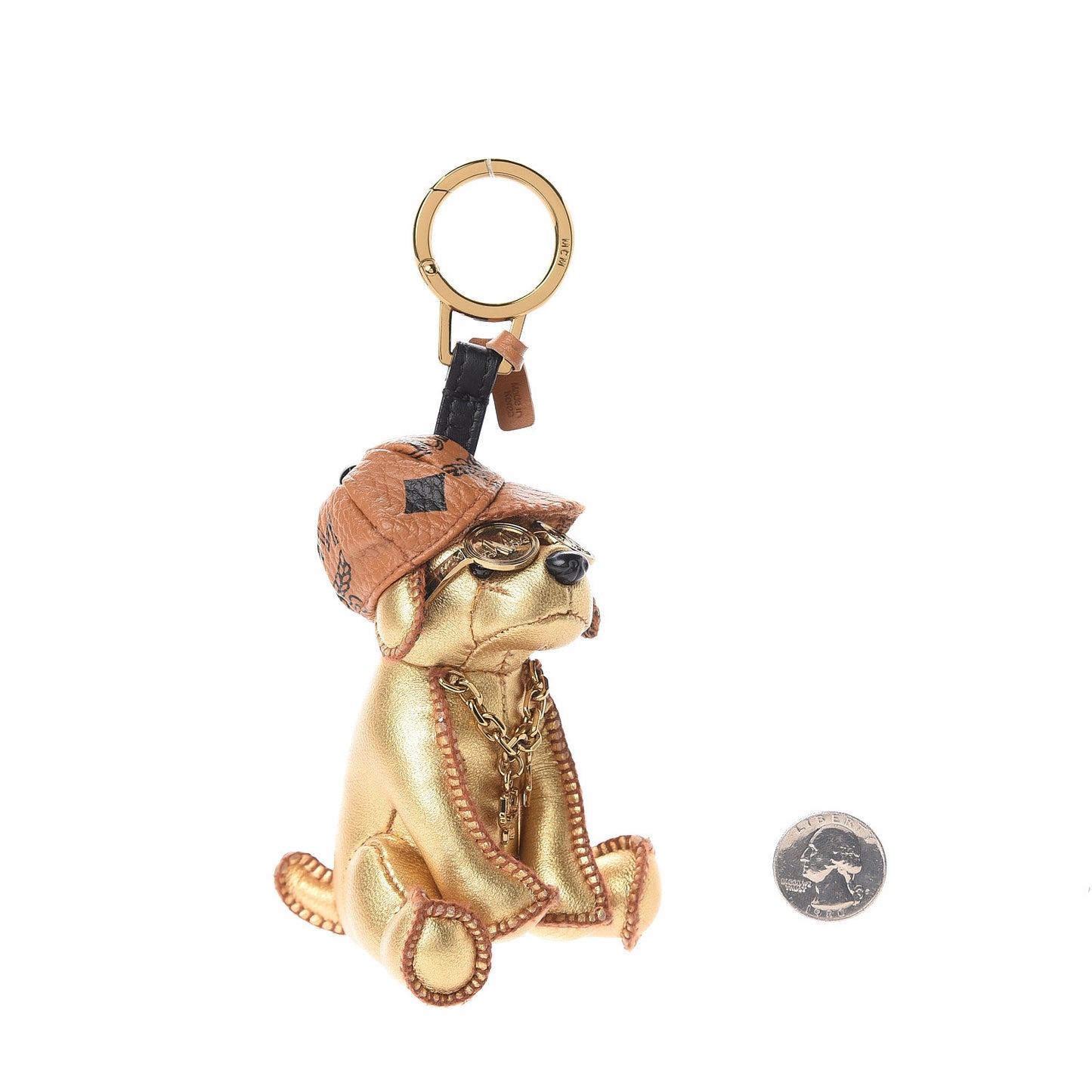 Metallic Visetos Dog Key Ring Bag Charm Gold Cognac
