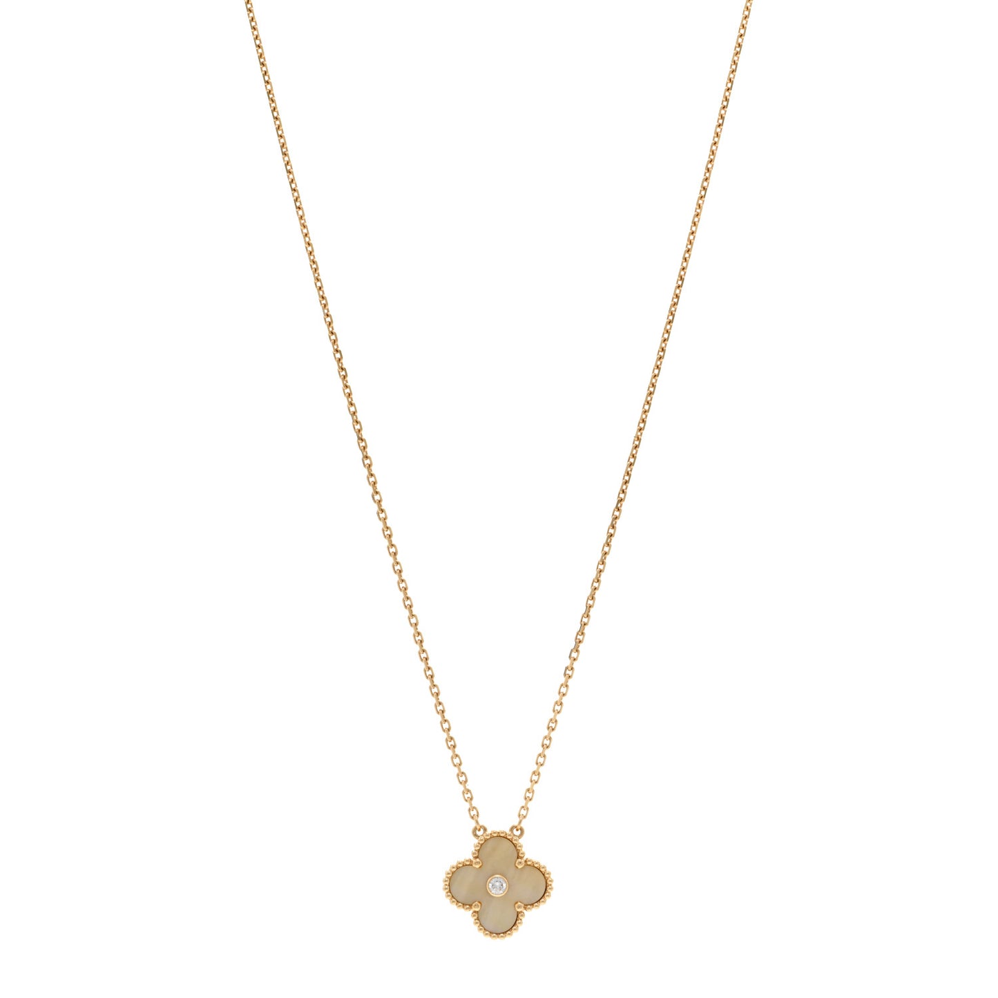 18K Yellow Gold Diamond Yellow Mother of Pearl Vintage Alhambra Pendant Necklace