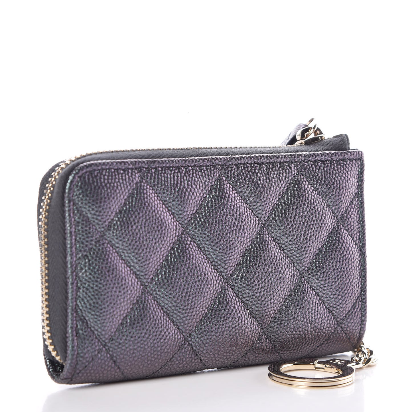 Iridescent Caviar Quilted Zipped Key Holder Case Black