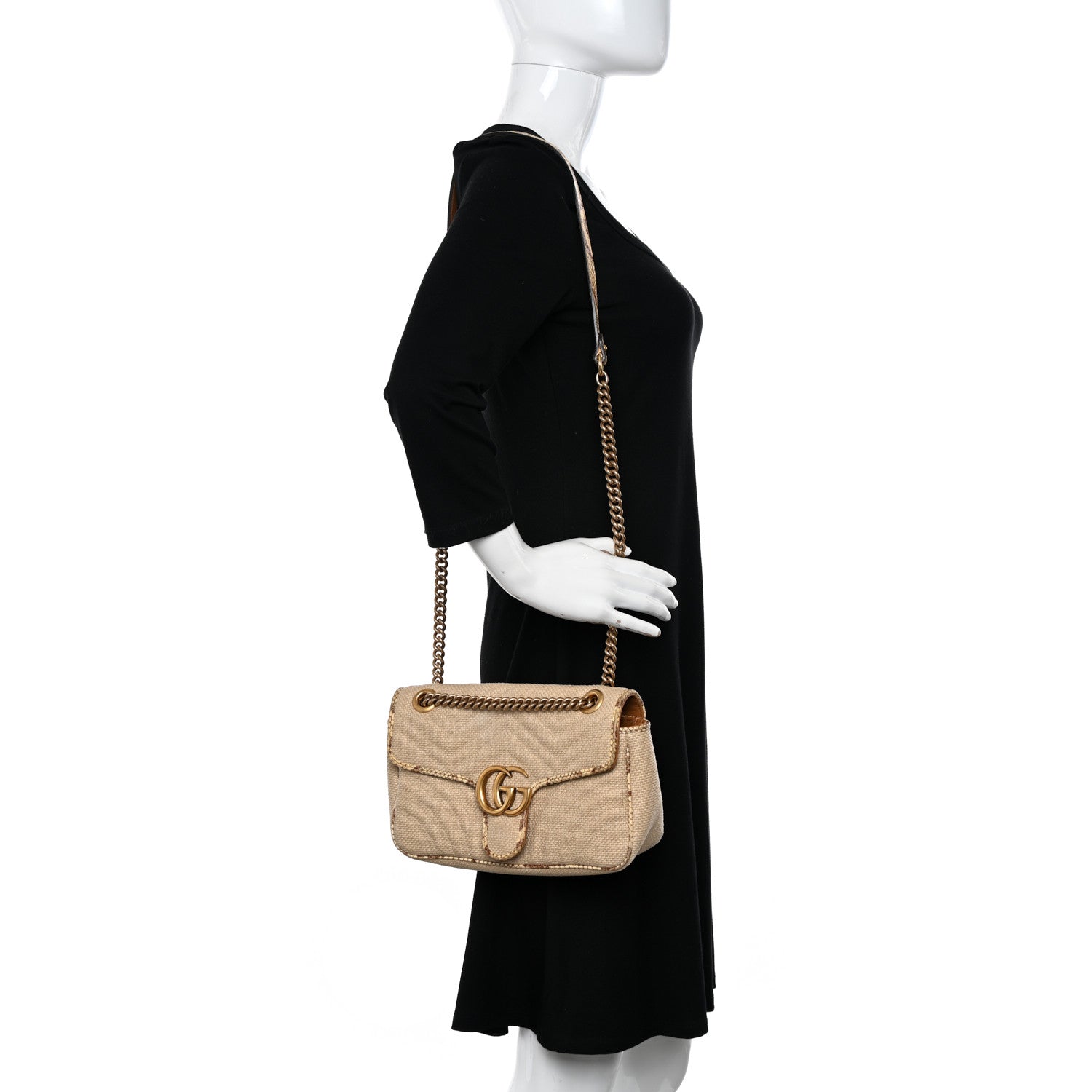Gucci Raffia Elaphe Matelasse Small GG Marmont Shoulder Bag Natural Cream Brown 2 of 12