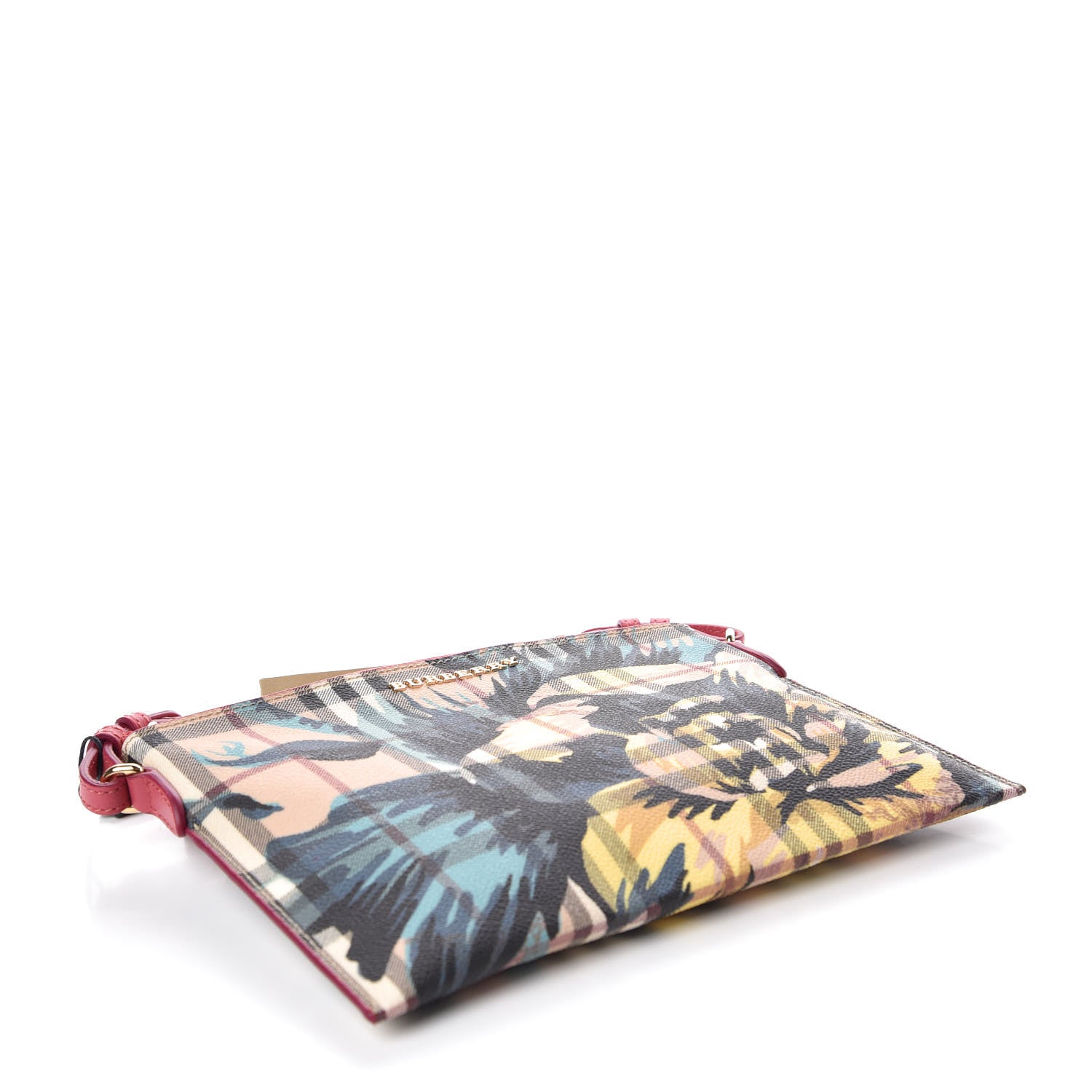 Burberry Haymarket Check Floral Print Peyton Wristlet Plum Pink Pewter Blue 4 of 8