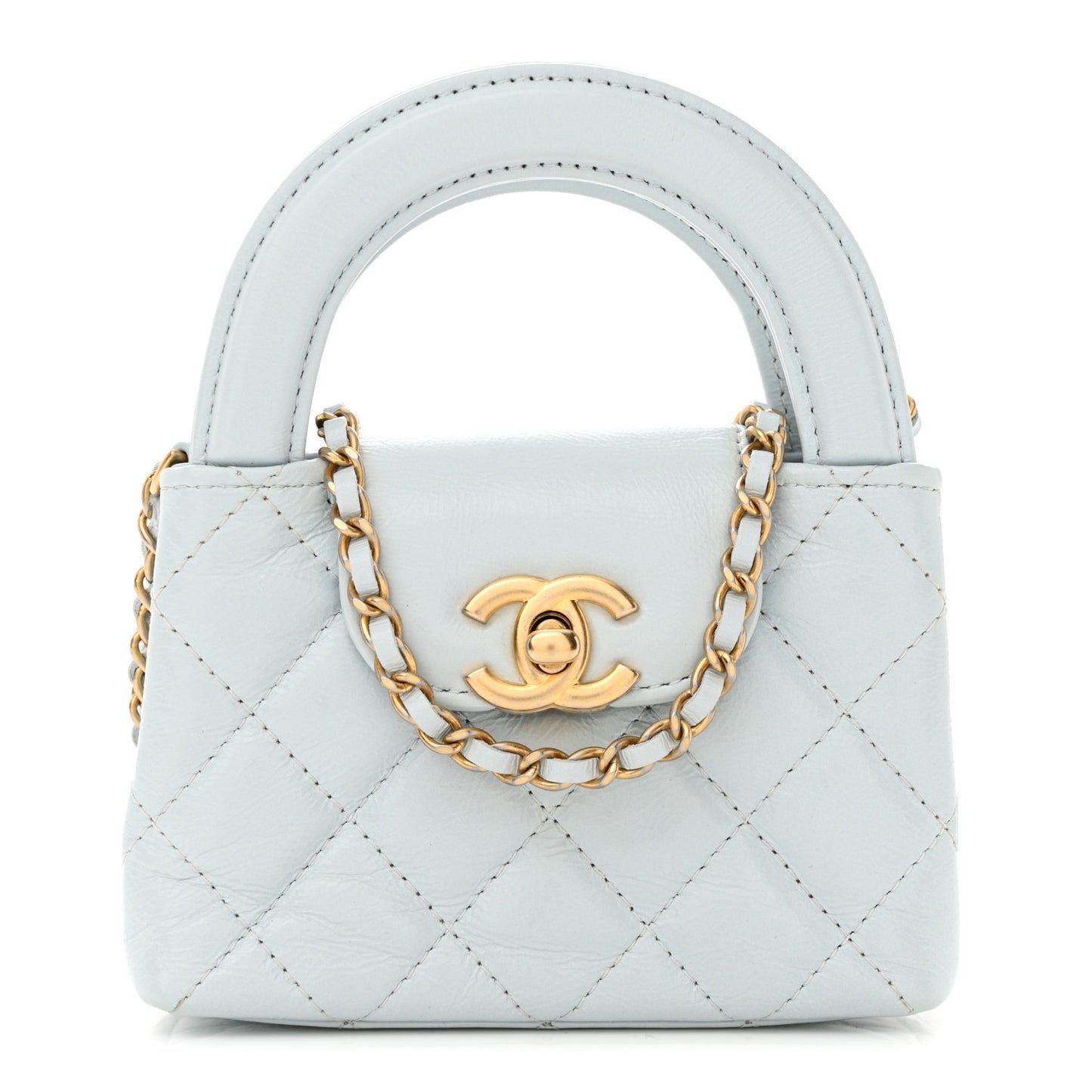 Shiny Aged Calfskin Quilted Mini Nano Kelly Shopper Light Blue
