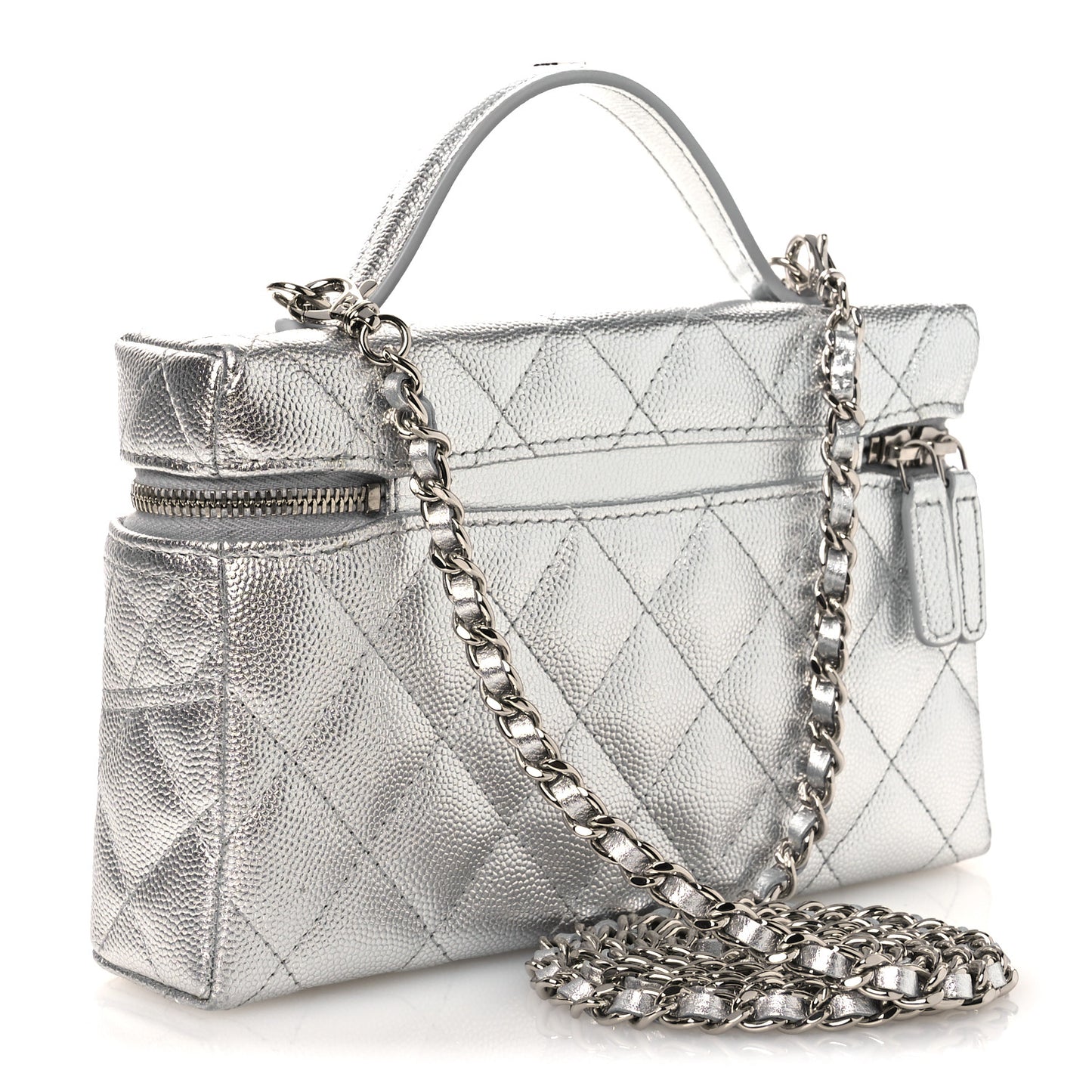 Metallic Caviar Quilted Trendy Handle Slim Vanity Silver