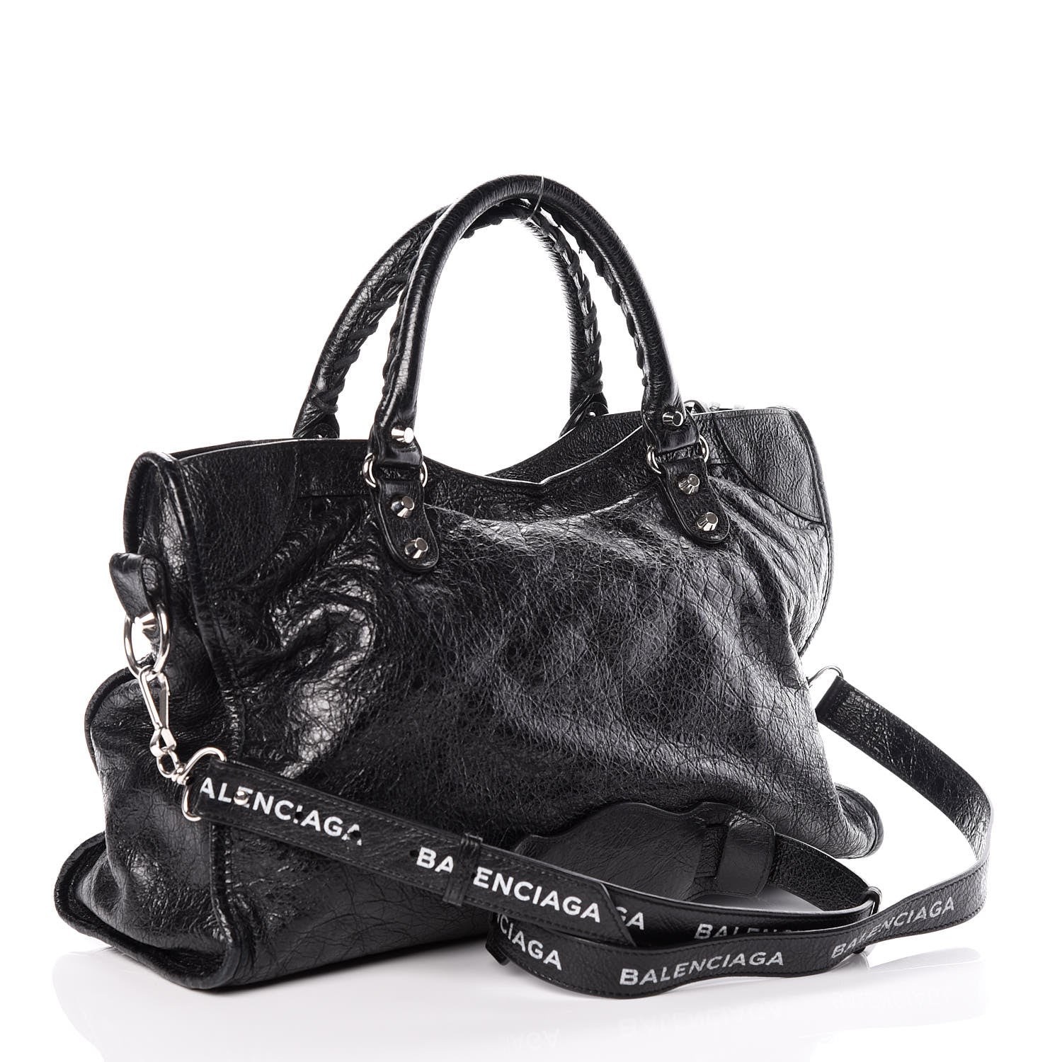 Balenciaga Agneau Classic Silver Hardware City Logo Strap Black White 3 of 9