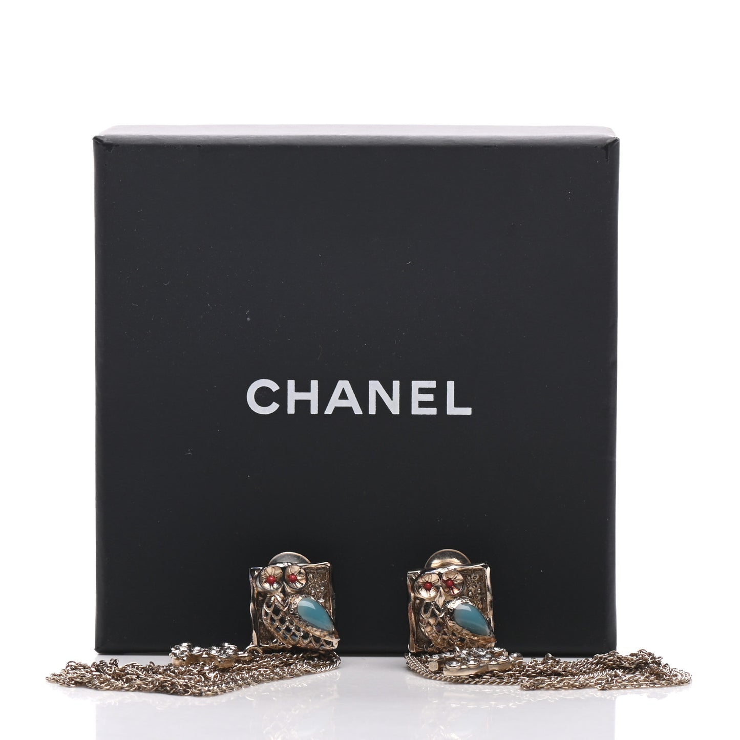 Crystal CC Owl Chain Drop Clip On Earrings Gold