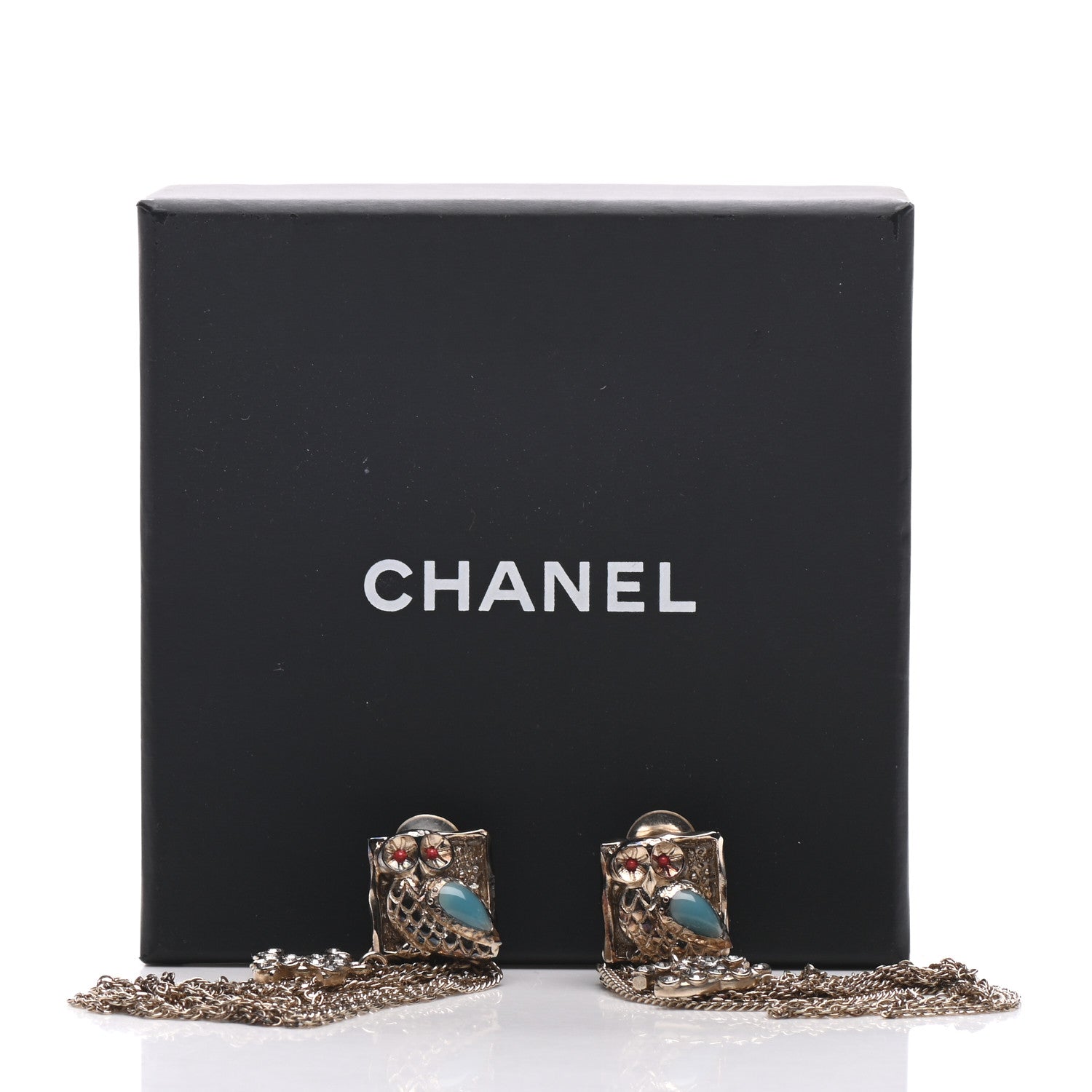 Chanel Crystal CC Owl Chain Drop Clip On Earrings Gold 7 of 7