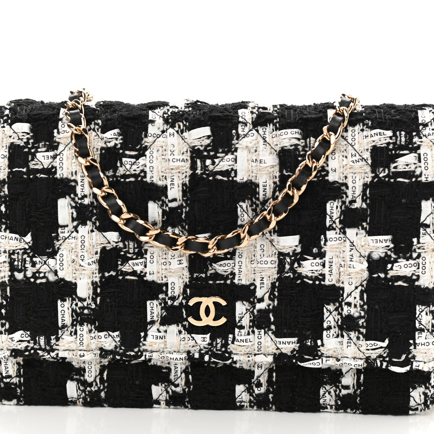 Tweed Quilted Wallet On Chain WOC Black Ecru White