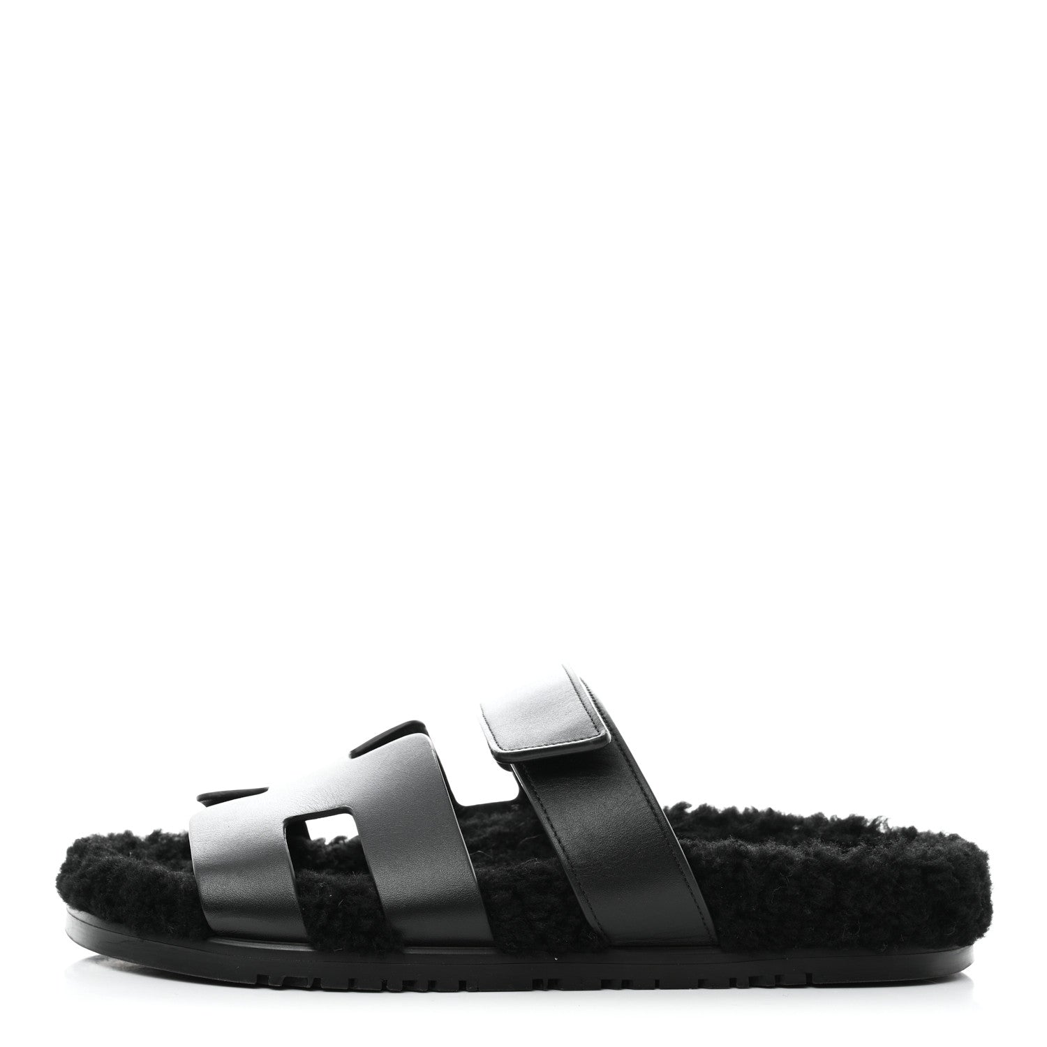 Hermes Calfskin Woolskin Womens Chypre Sandals 39.5 Black 1 of 9