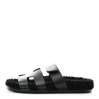 Hermes Calfskin Woolskin Womens Chypre Sandals 39.5 Black 1 of 9