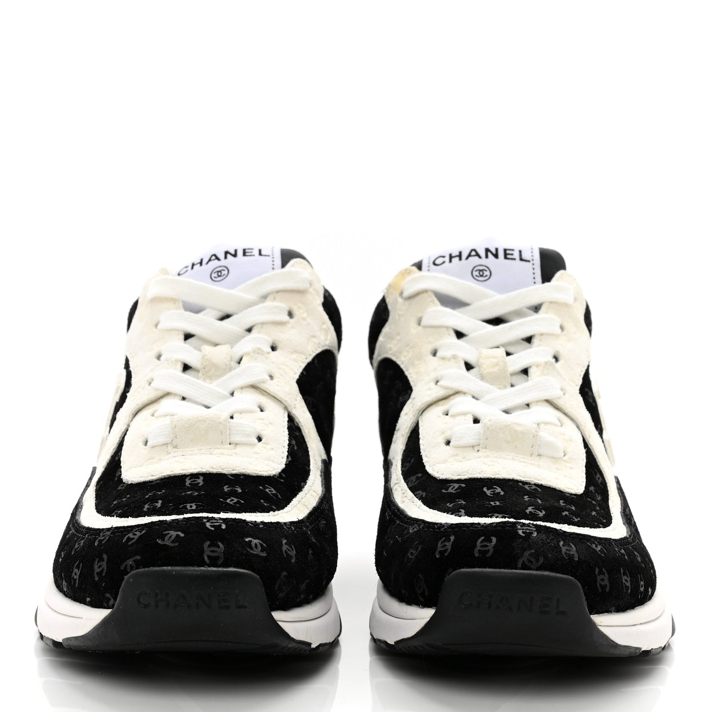 Nylon Suede Calfskin Printed CC Sneakers 38.5 White Black