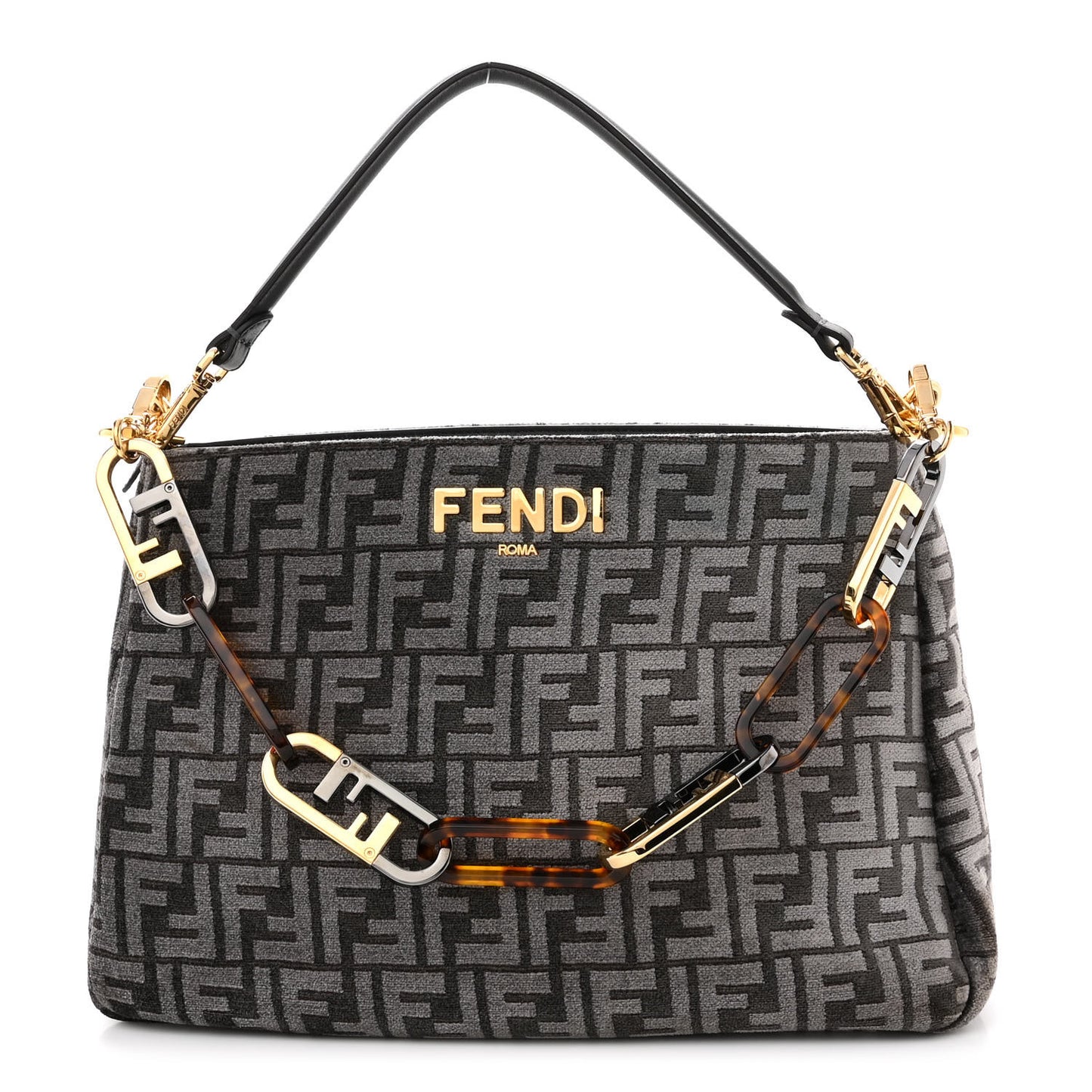 Chenille Vitello Seta Plexiglass FF Fendi O'Lock Zipper Anthracite Asfalto