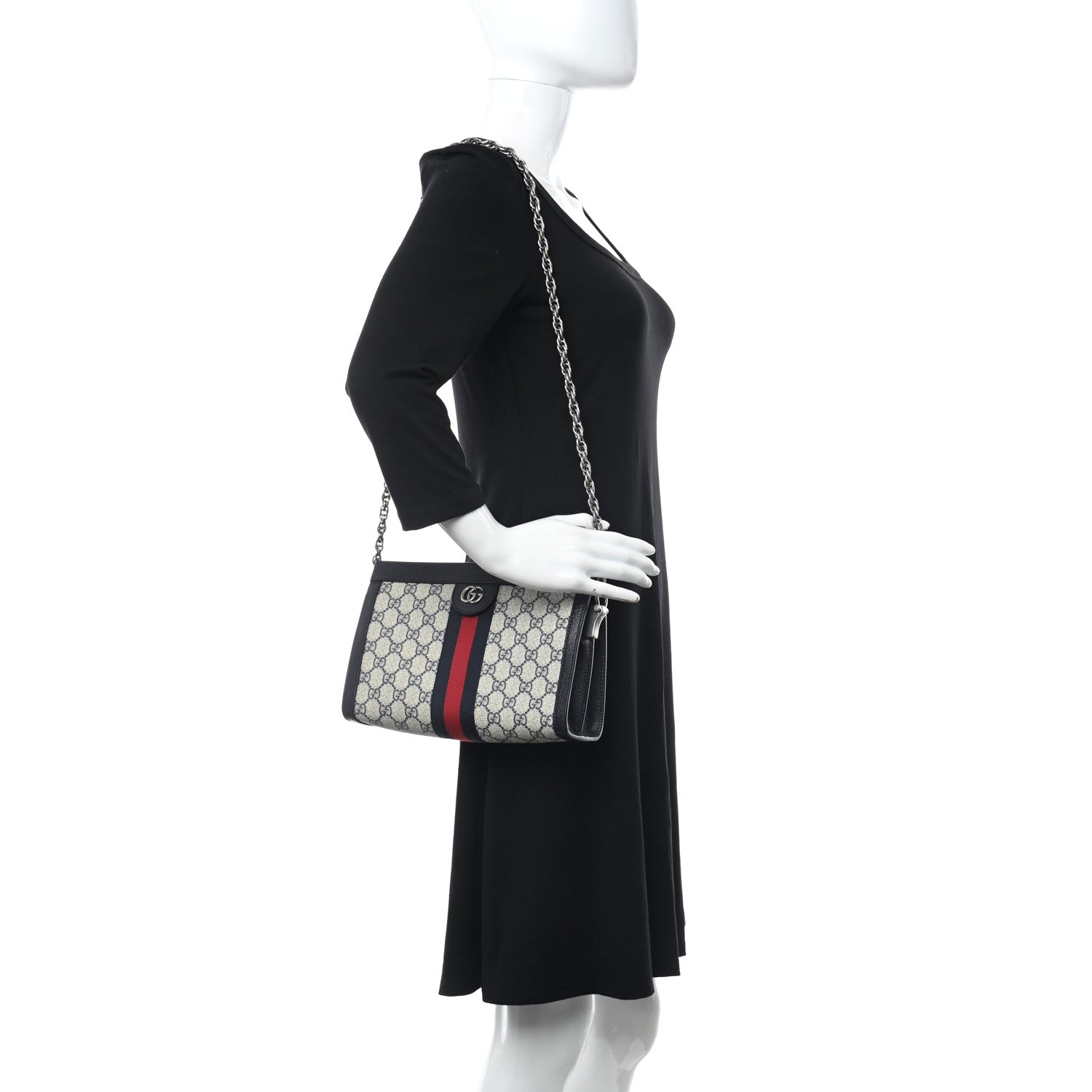 Gucci GG Supreme Monogram Textured Dollar Calfskin Web Small Ophidia Chain Shoulder Bag Beige Blue 2 of 11