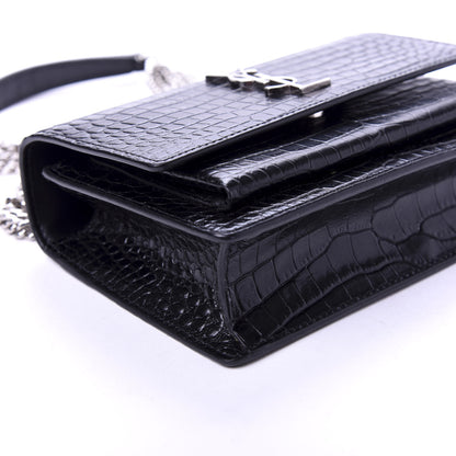 Saint Laurent Calfskin Crocodile Embossed Monogram Sunset Chain Wallet Black 8 of 10