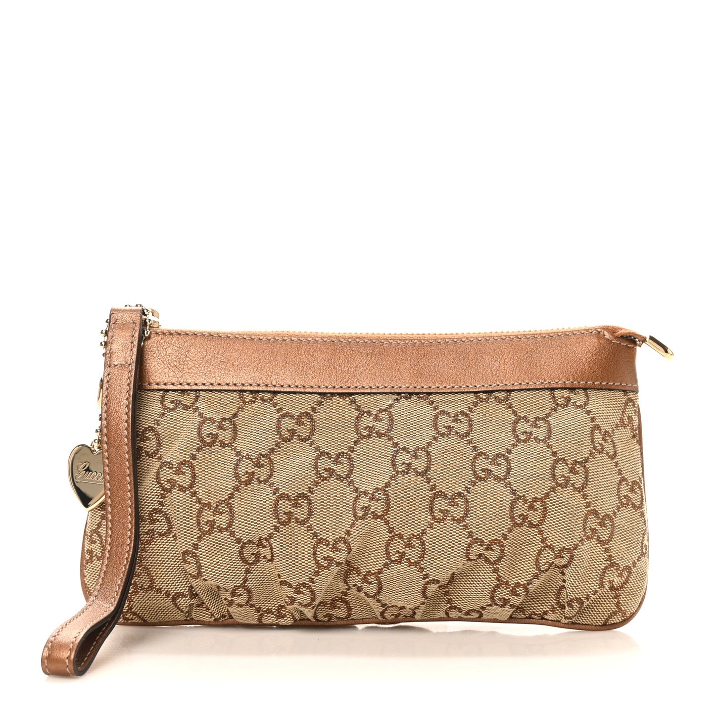 Crystal GG Monogram Metallic Calfskin Hearts Wristlet Bronze
