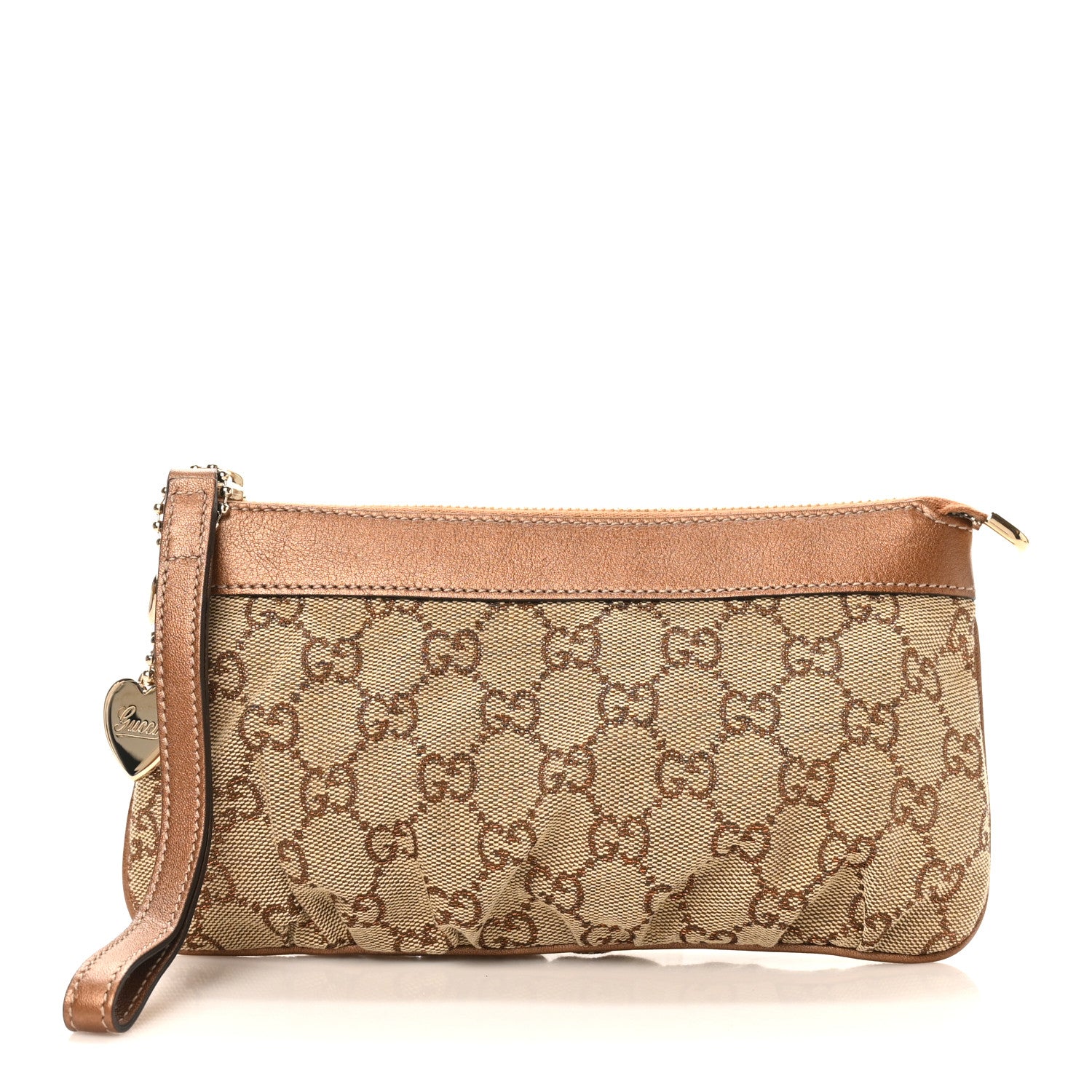 Gucci Crystal GG Monogram Metallic Calfskin Hearts Wristlet Bronze 1 of 8