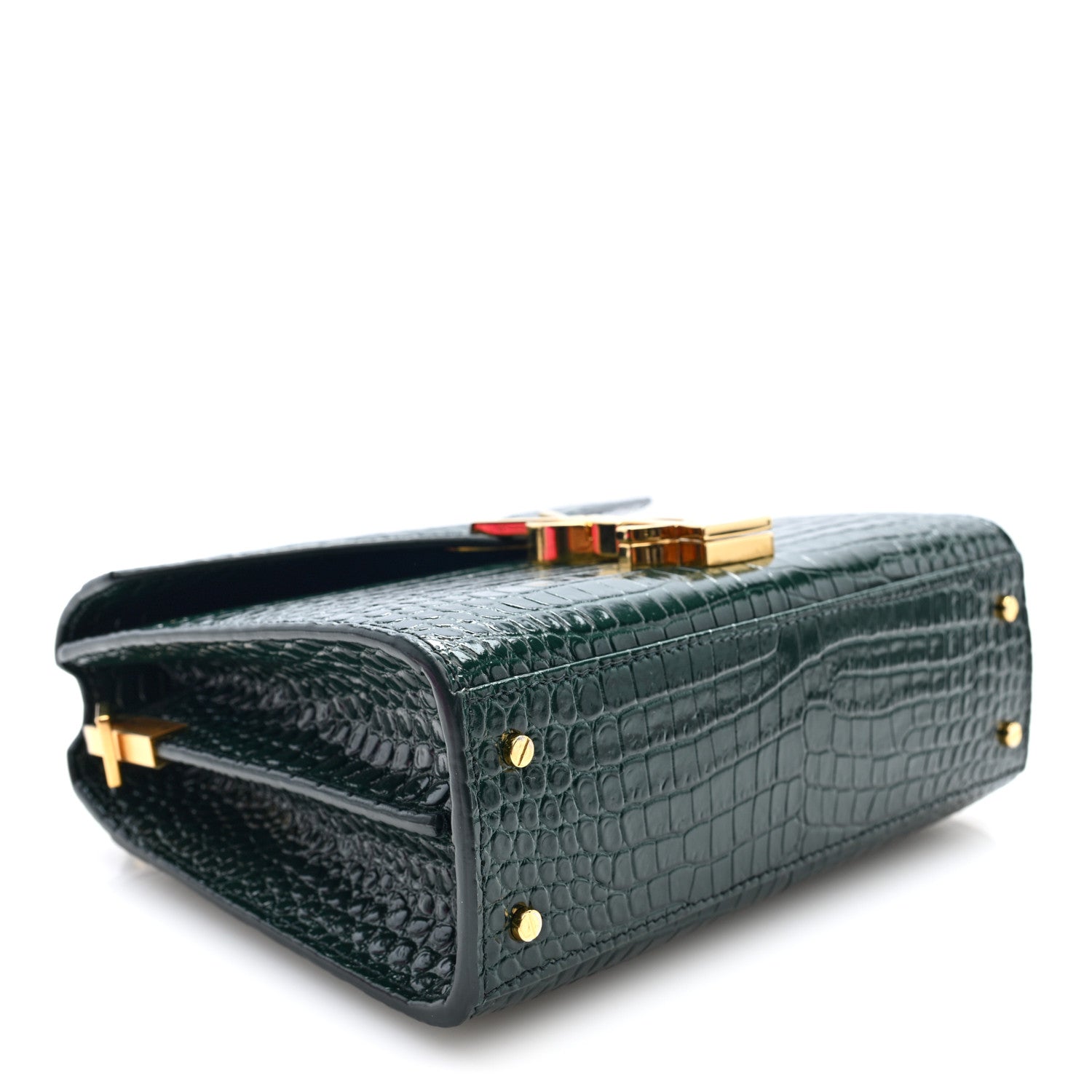 Saint Laurent Calfskin Crocodile Embossed Mini Classic Monogram Cassandra Top Handle Green 4 of 9