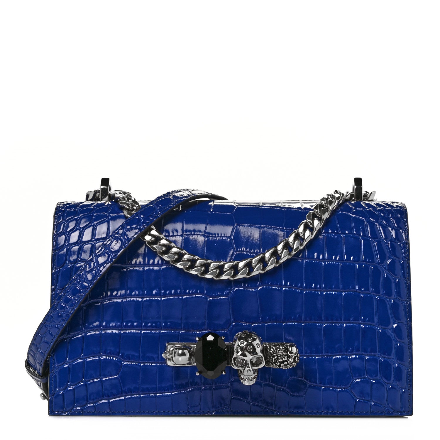Alexander McQueen Calfskin Crocodile Embossed Knuckle Shoulder Bag Blue 1 of 7