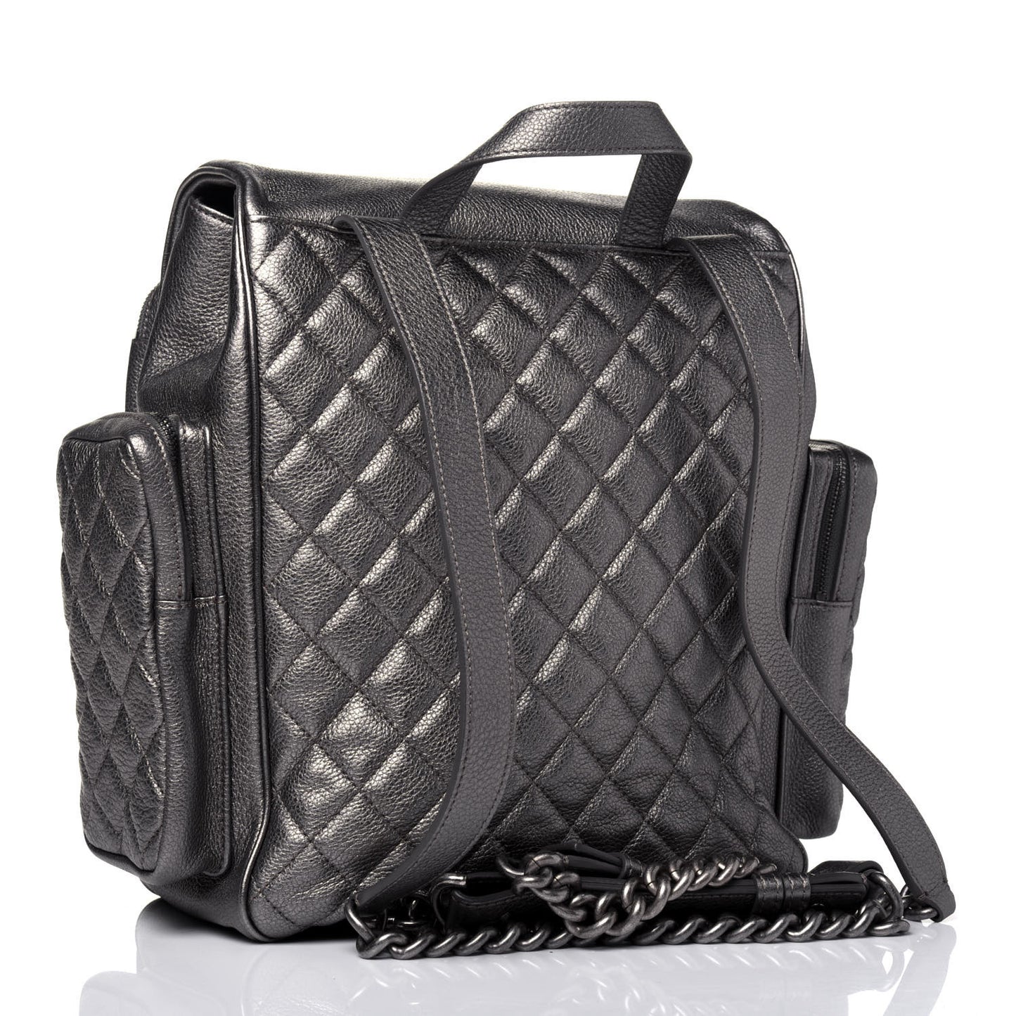 Metallic Grained Calfskin Quilted Large Casual Rock Backpack Charcoal