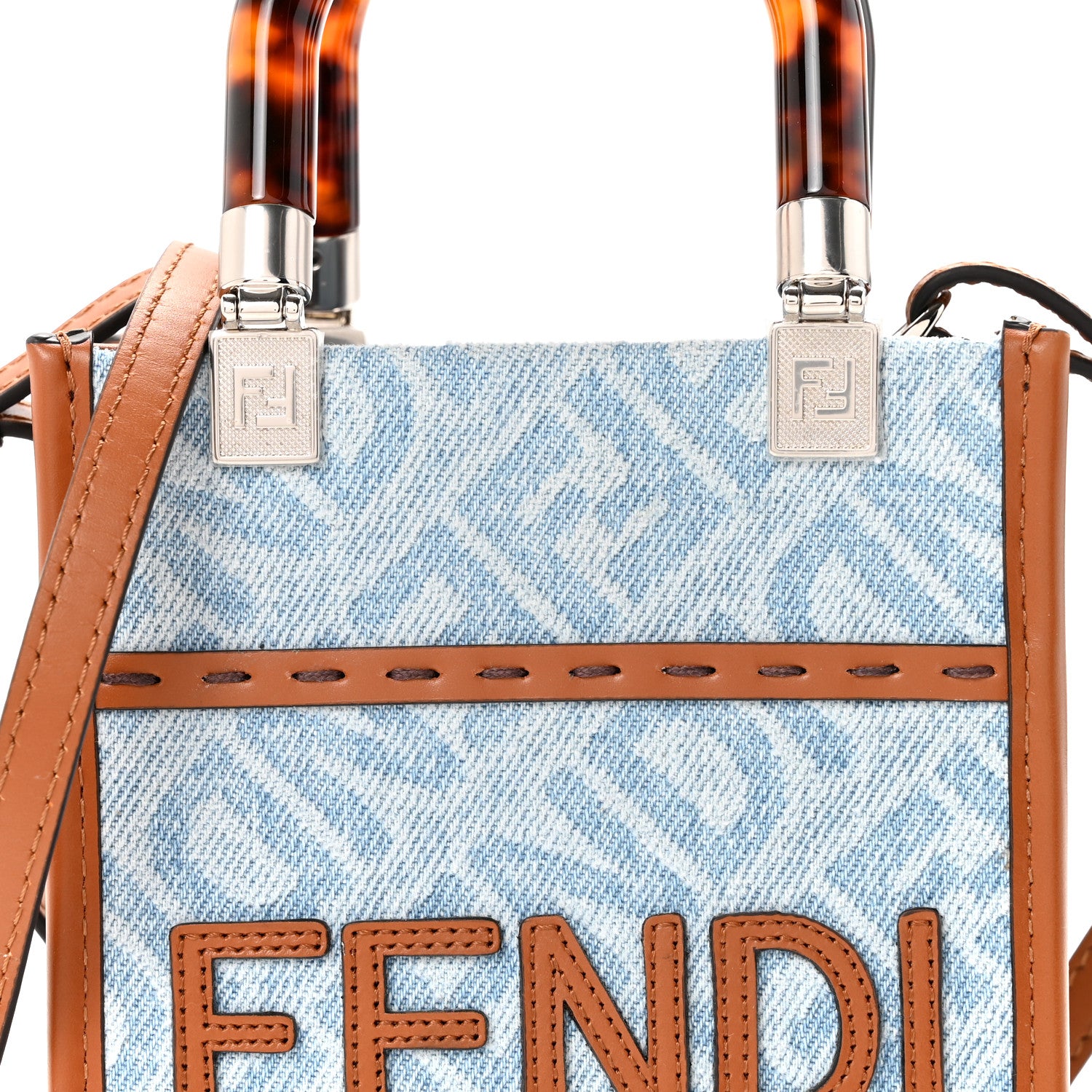 Fendi Denim Vitello King FF Embroidered Plexiglass Mini Sunshine Shopper Tote Blue Brown 8 of 10
