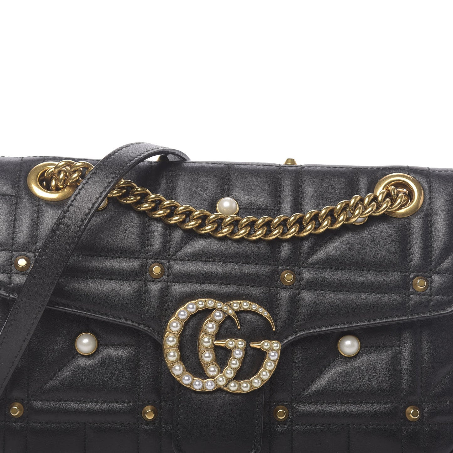 Calfskin Matelasse Studded Small Pearly GG Marmont Shoulder Bag Black