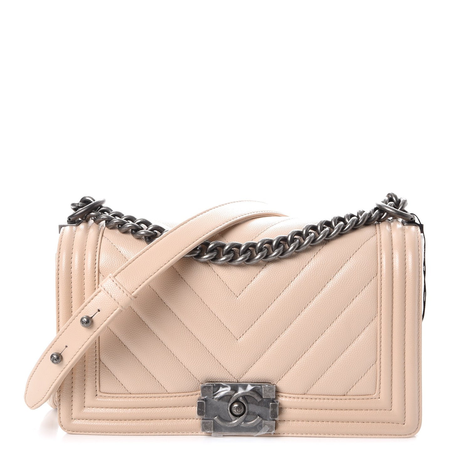 Caviar Chevron Quilted Medium Boy Flap Light Beige