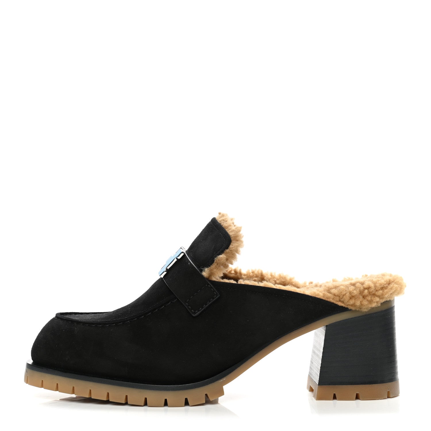 Hermes Suede Goatskin Woolskin Flore 60 Mules 39 Black Camel 1 of 8