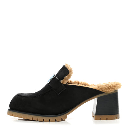 Hermes Suede Goatskin Woolskin Flore 60 Mules 39 Black Camel 1 of 8
