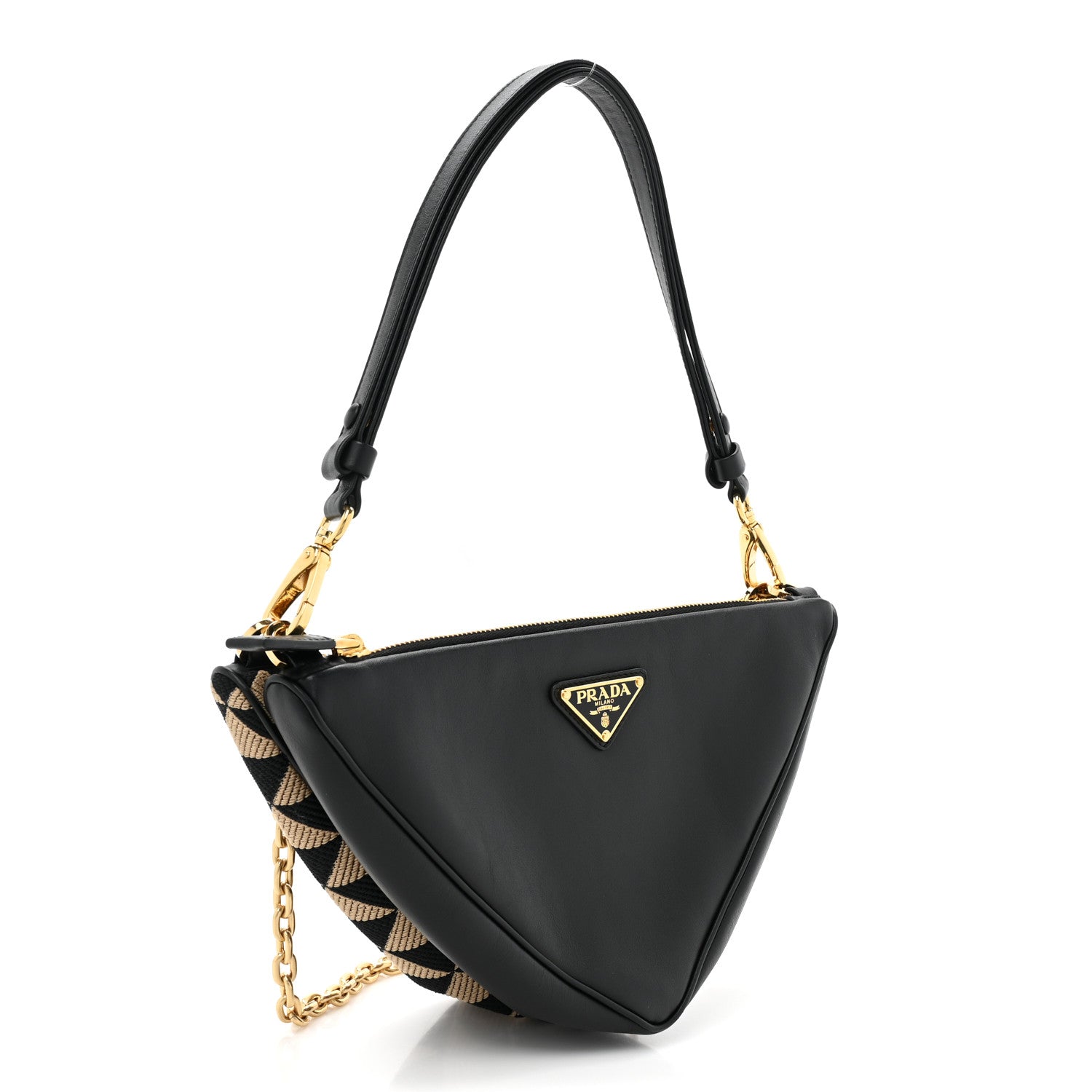 Prada Jacquard Calfskin Triangolo Symbole Embroidered Mini Triangle Double Bag Black Corda 3 of 8