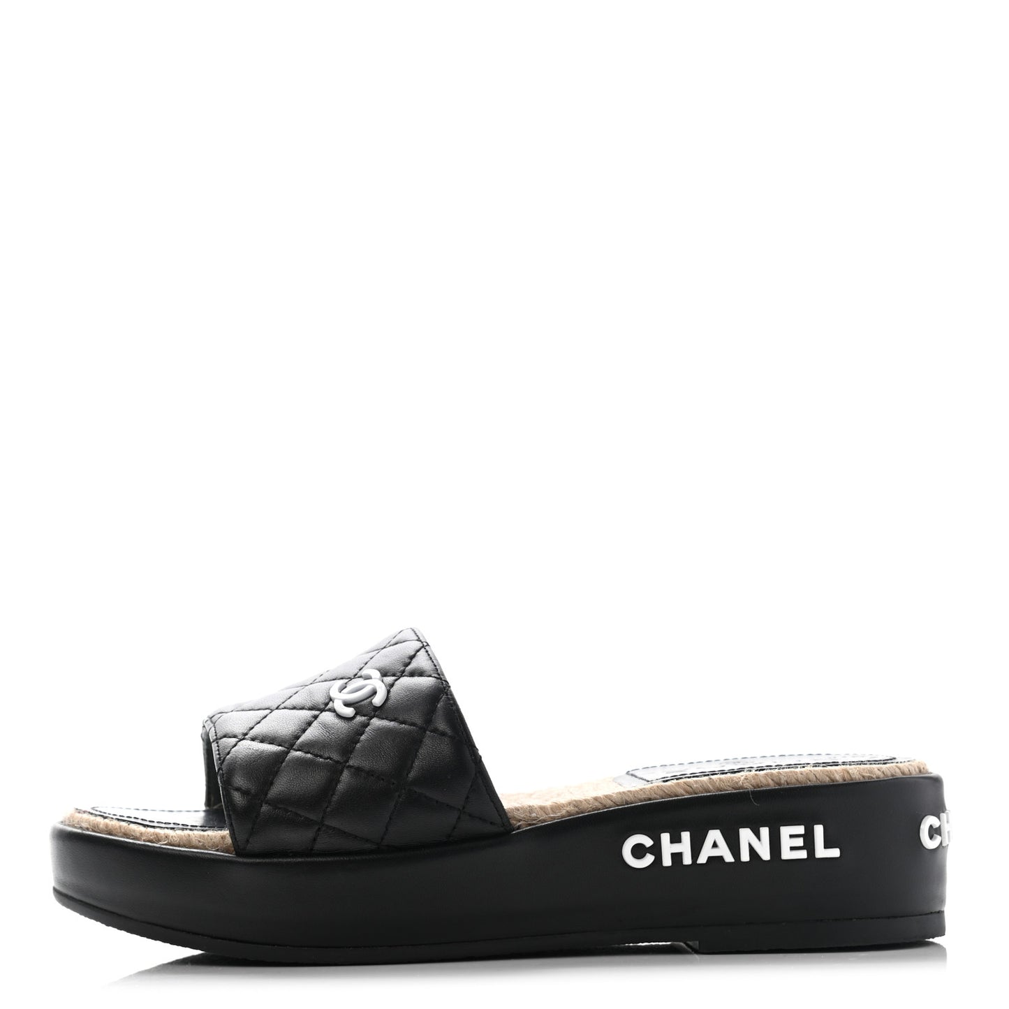 Lambskin Quilted CC Espadrille Slip On Sandals 35 Black