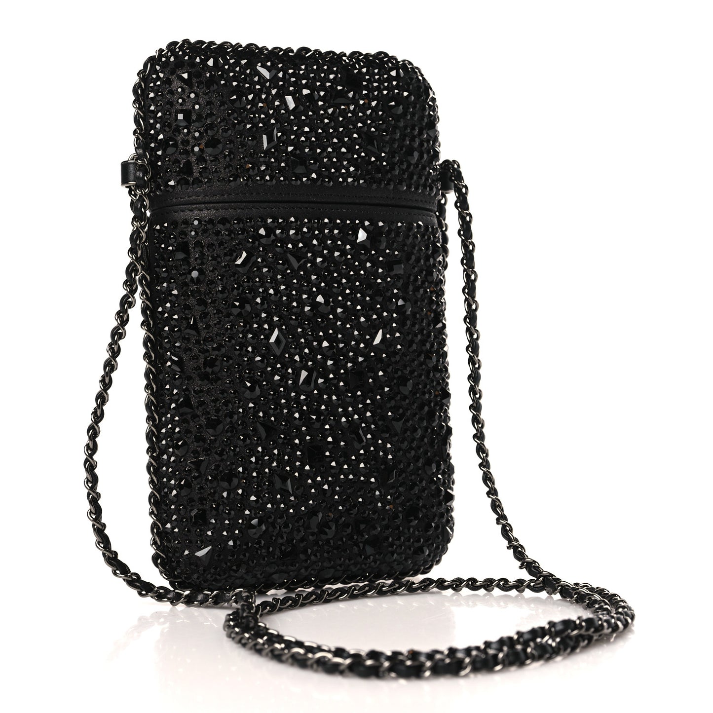 Satin Crystal Chain Around Phone Holder Black
