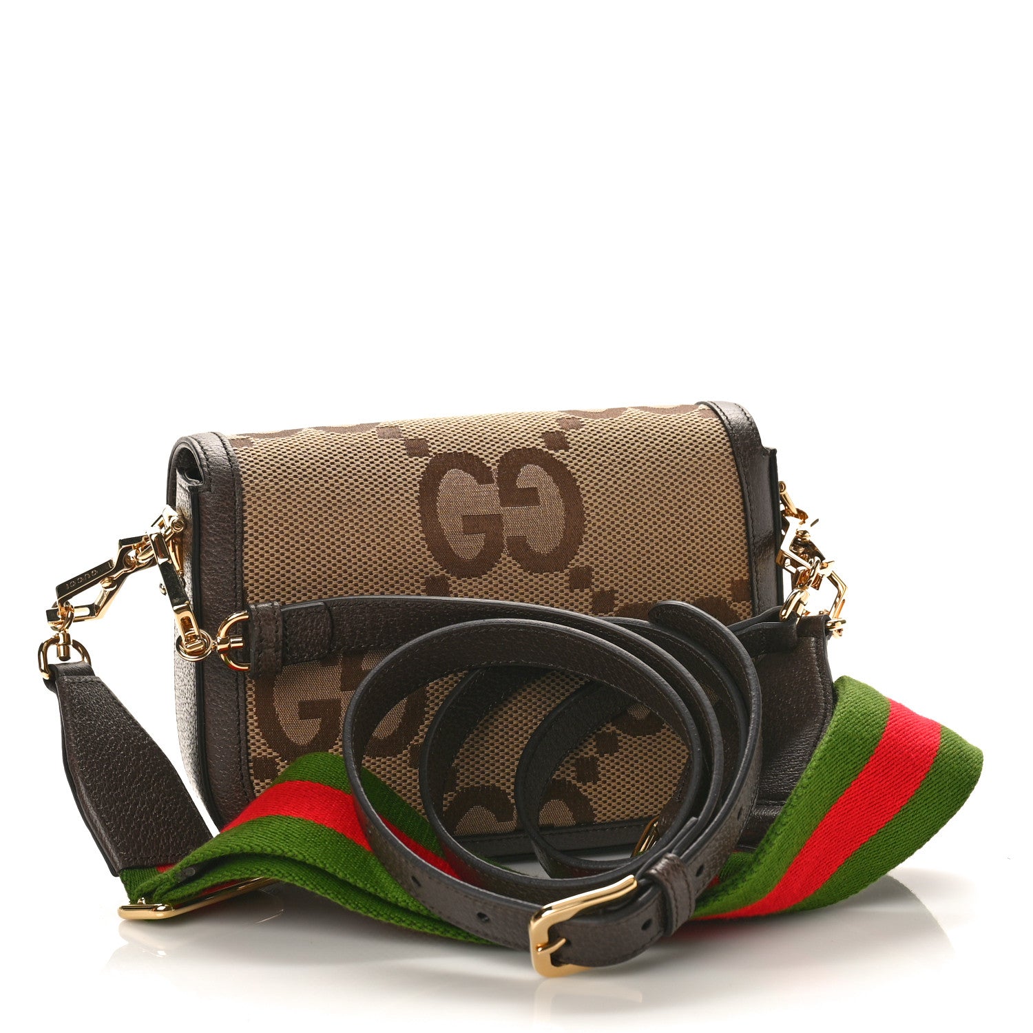 Gucci Monogram Jumbo GG Textured Dollar Calfskin Web Mini Horsebit 1955 Shoulder Bag Camel Ebony New Acero 2 of 8