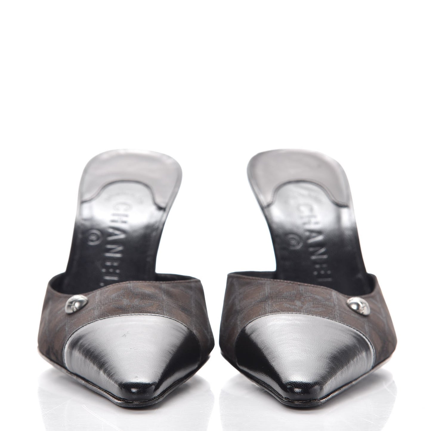 Canvas Calfskin Cap Toe Mules 38 Black Brown