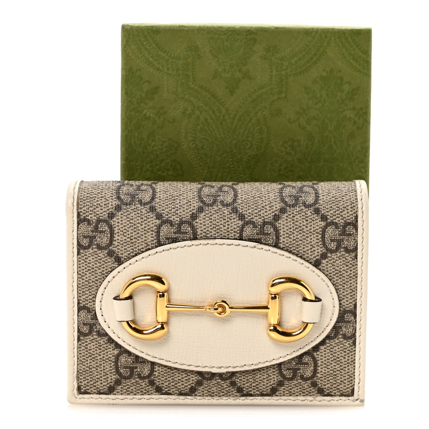GG Supreme Monogram Azalea Calfskin Horsebit 1955 Card Case Wallet Beige Ebony Mystic White