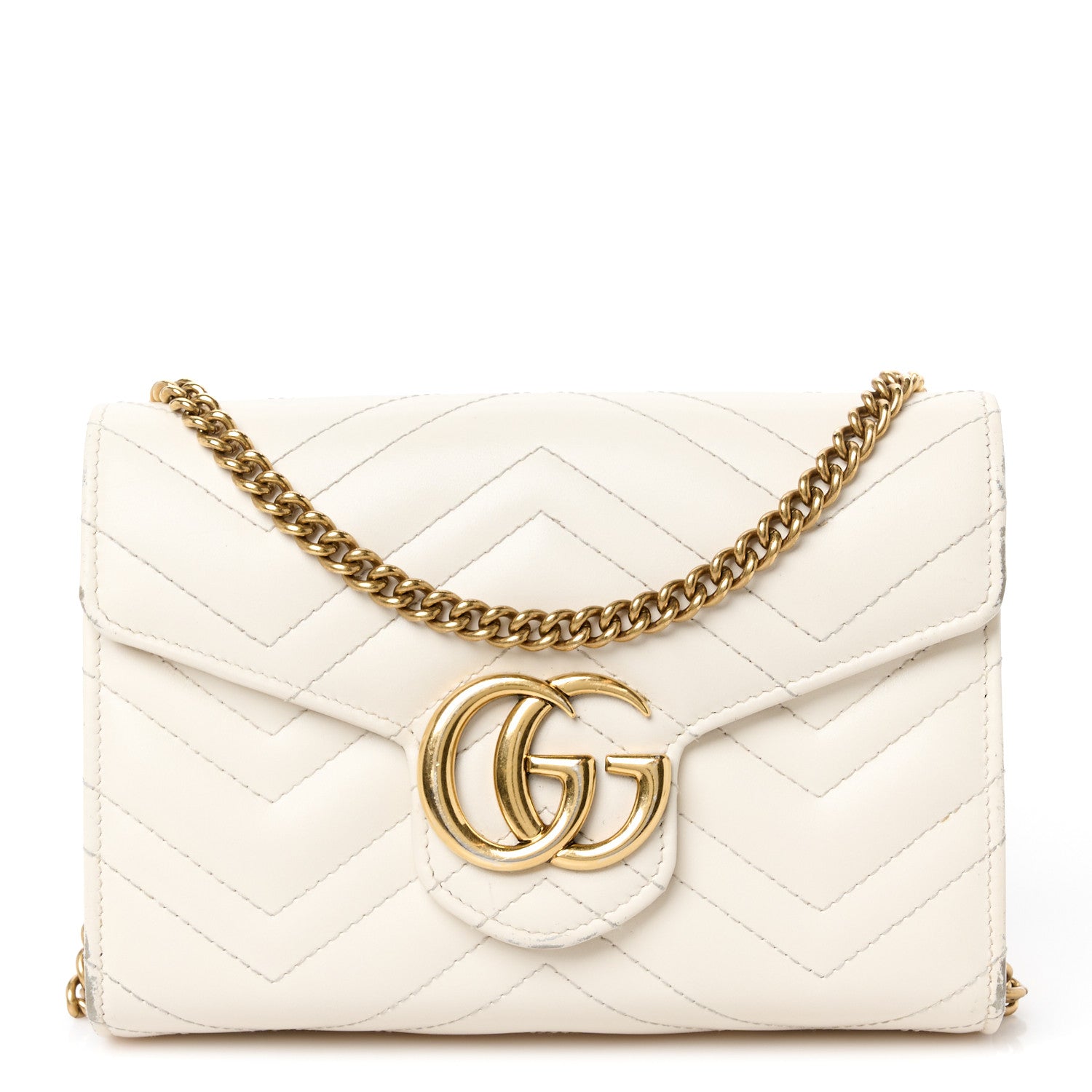 Gucci Calfskin Matelasse GG Marmont Chain Wallet Mystic White 1 of 14