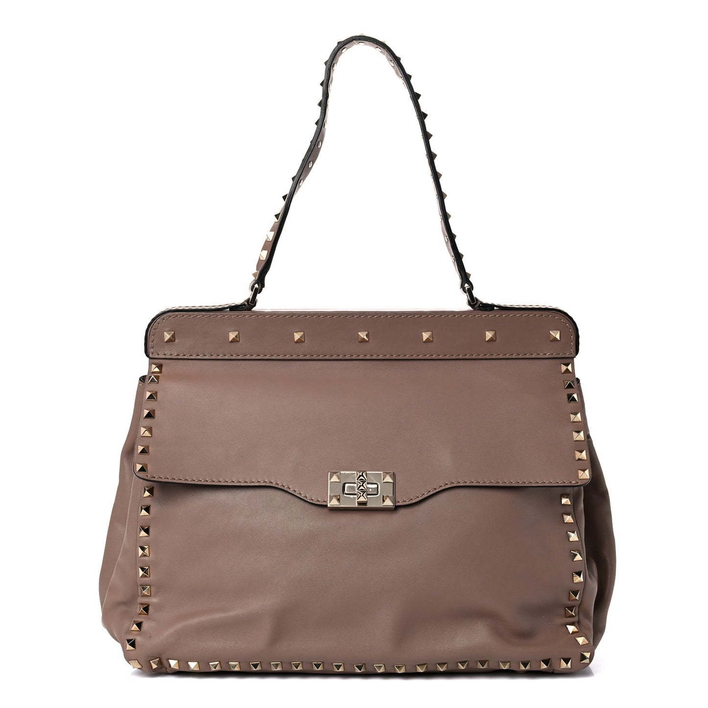 Vitello Rockstud Single Handle Flap Bag Beige