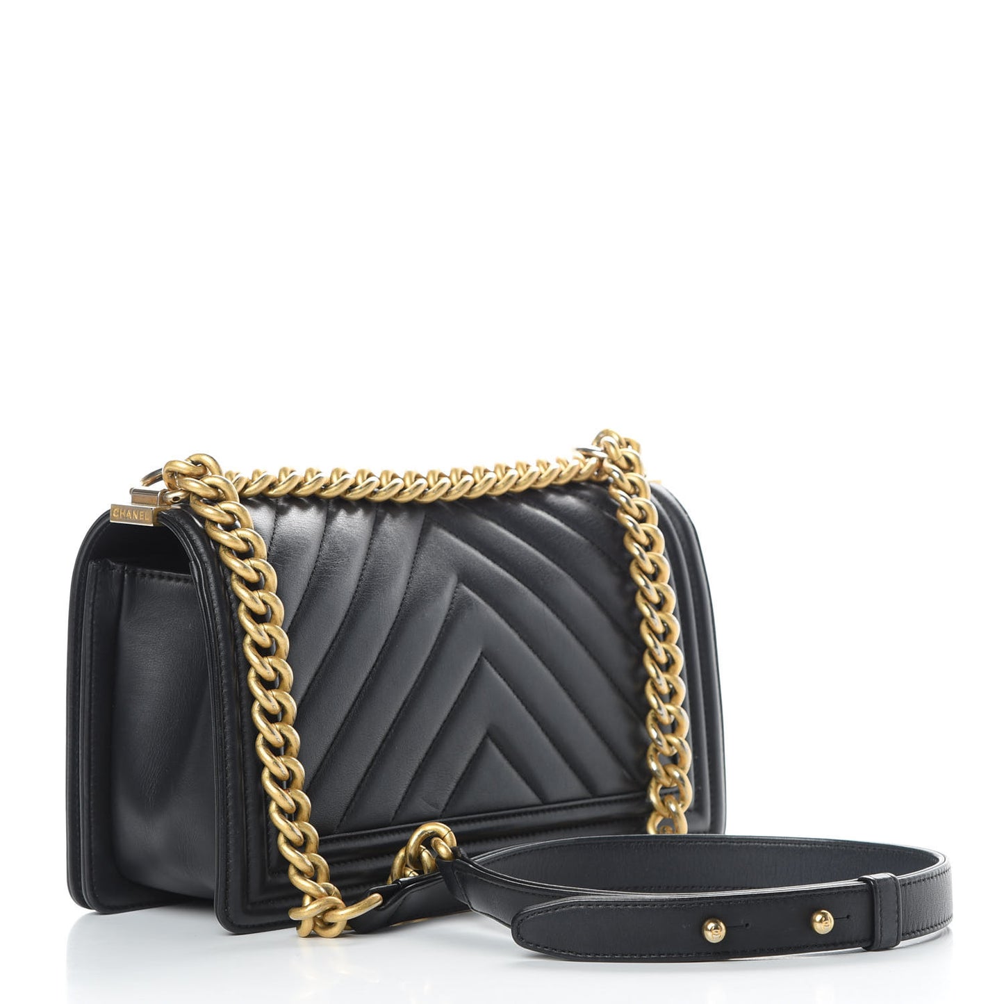 Calfskin Chevron Quilted Medium Boy Flap Black