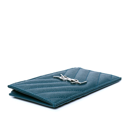 Saint Laurent Grain De Poudre Matelasse Chevron Monogram Fragments Zippered Card Case Petrol Green 3 of 4