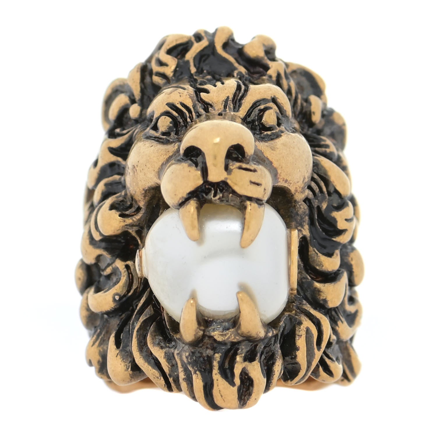 Gucci Metal Glass Pearl Lion Head Ring 49 5 Aged Gold 1 of 5