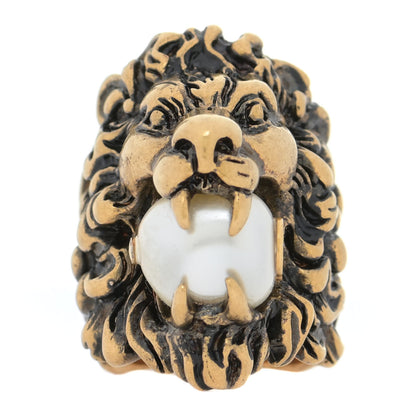 Gucci Metal Glass Pearl Lion Head Ring 49 5 Aged Gold 1 of 5