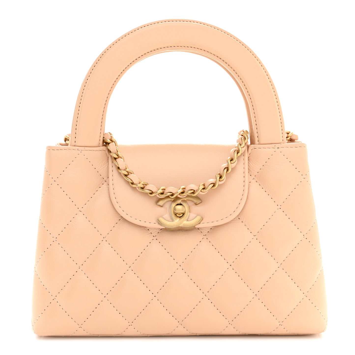 Shiny Aged Calfskin Quilted Nano Kelly Shopper Beige