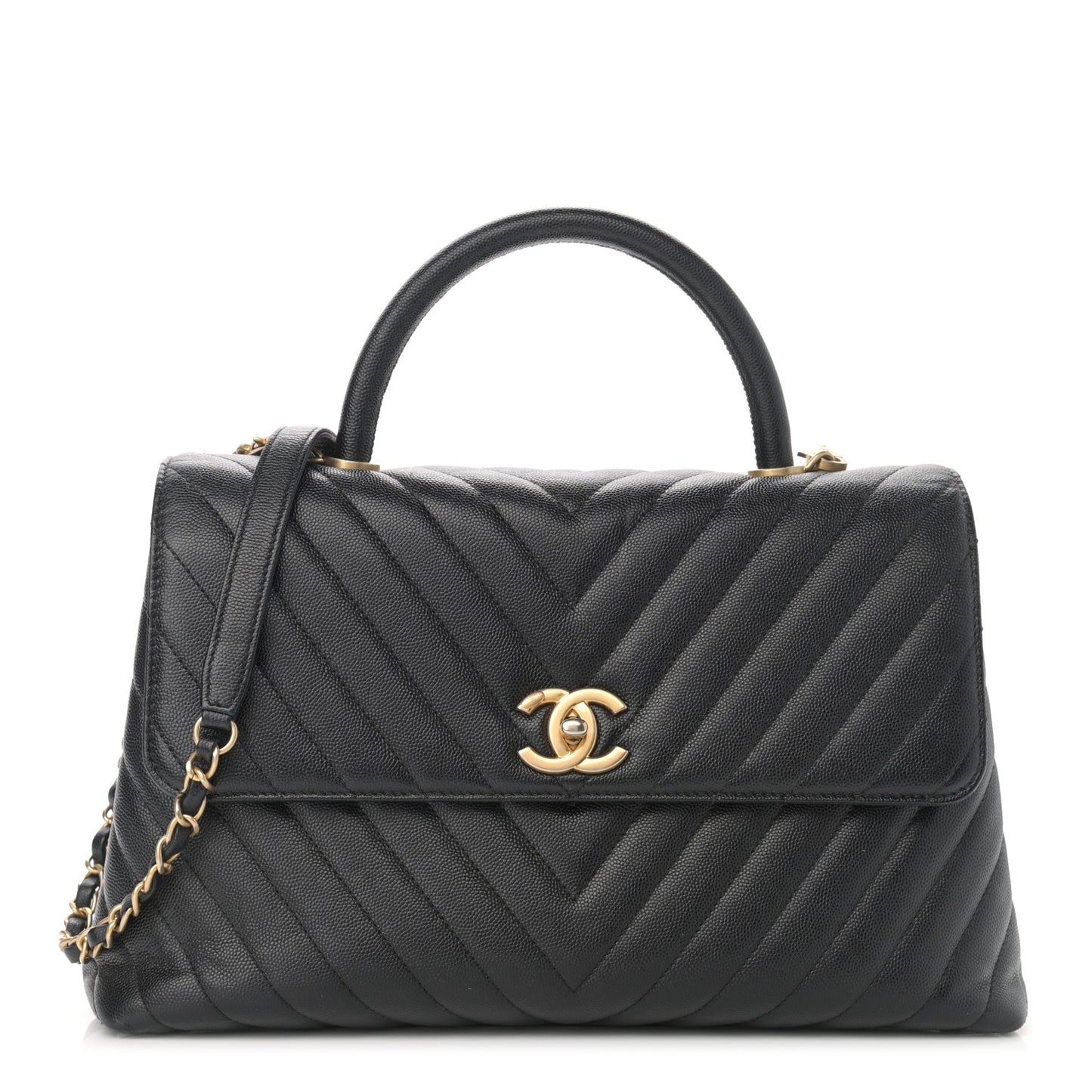 Caviar Chevron Quilted Medium Coco Handle Flap Black