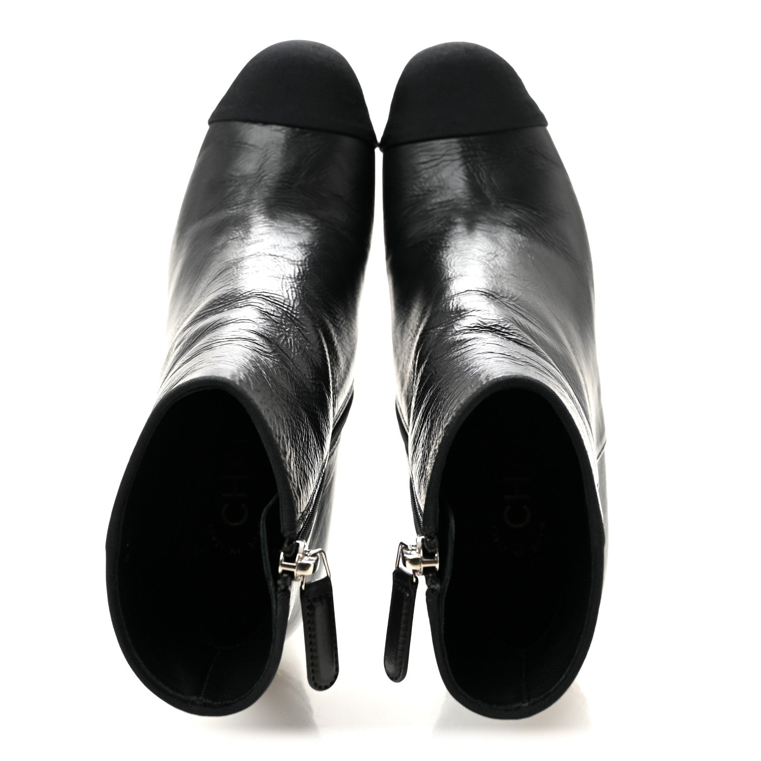 Chanel Crumpled Calfskin Cap Toe Chain Short Boots 35 Black