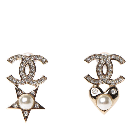 Chanel Crystal Pearl Charming Winter CC Star Heart Earrings Gold 1 of 5