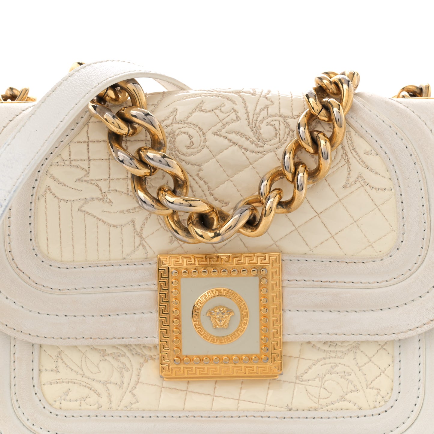 Patent Quilted Medusa Chain Shoulder Bag White