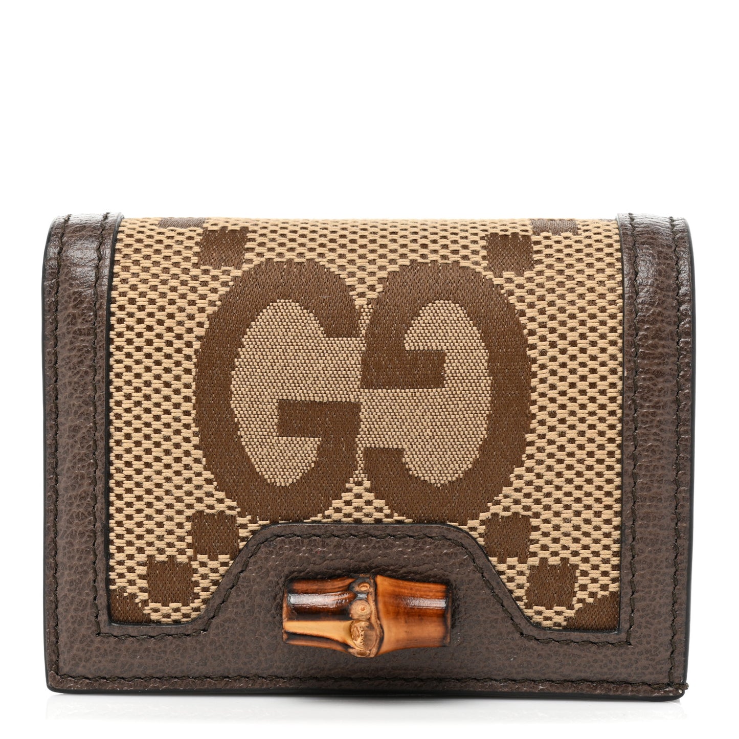 Monogram Jumbo GG Textured Dollar Calfskin Diana Card Case Wallet Camel Ebony New Acero