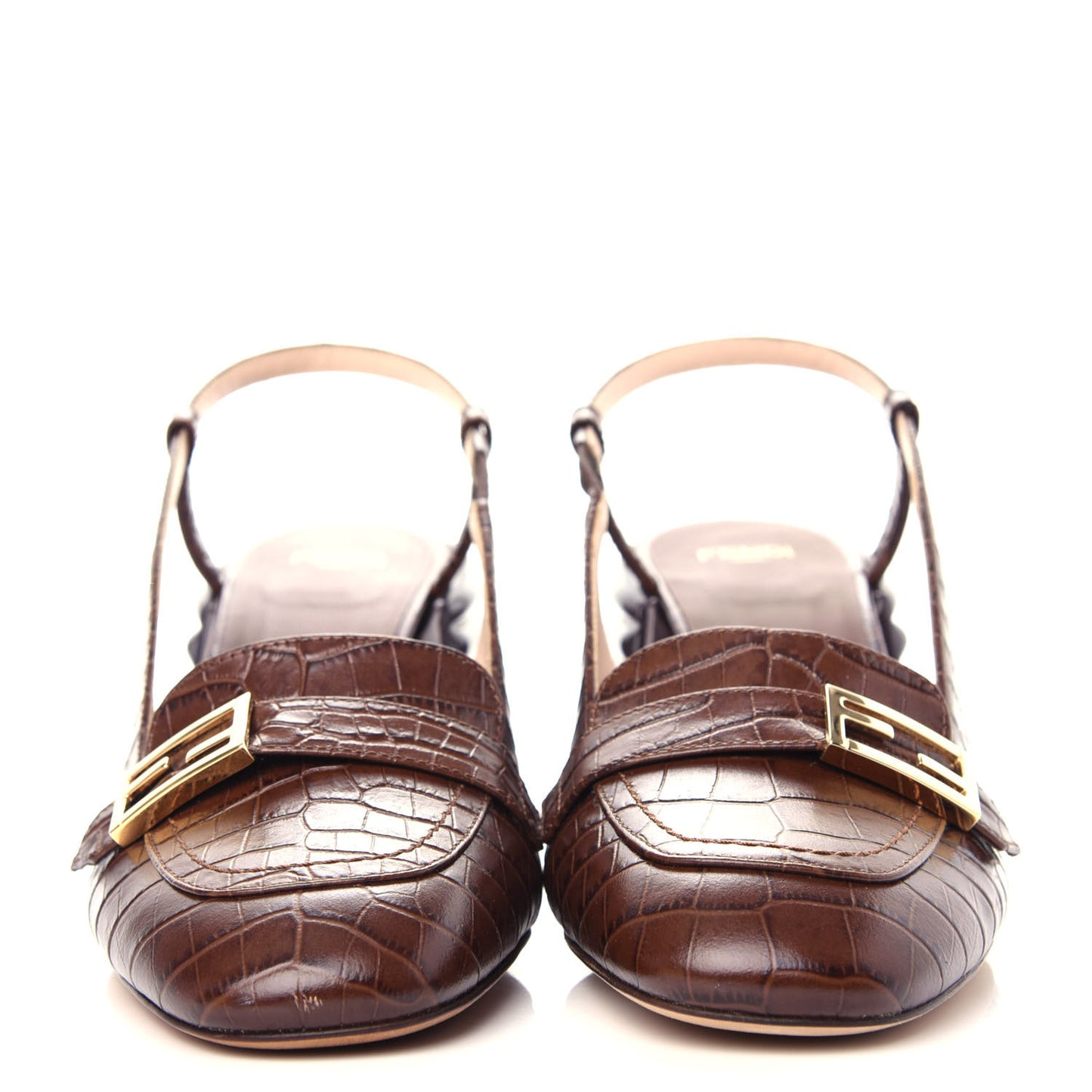 Calfskin Crocodile Embossed Promenade Slingback Loafer Pumps 36.5 Dark Brown