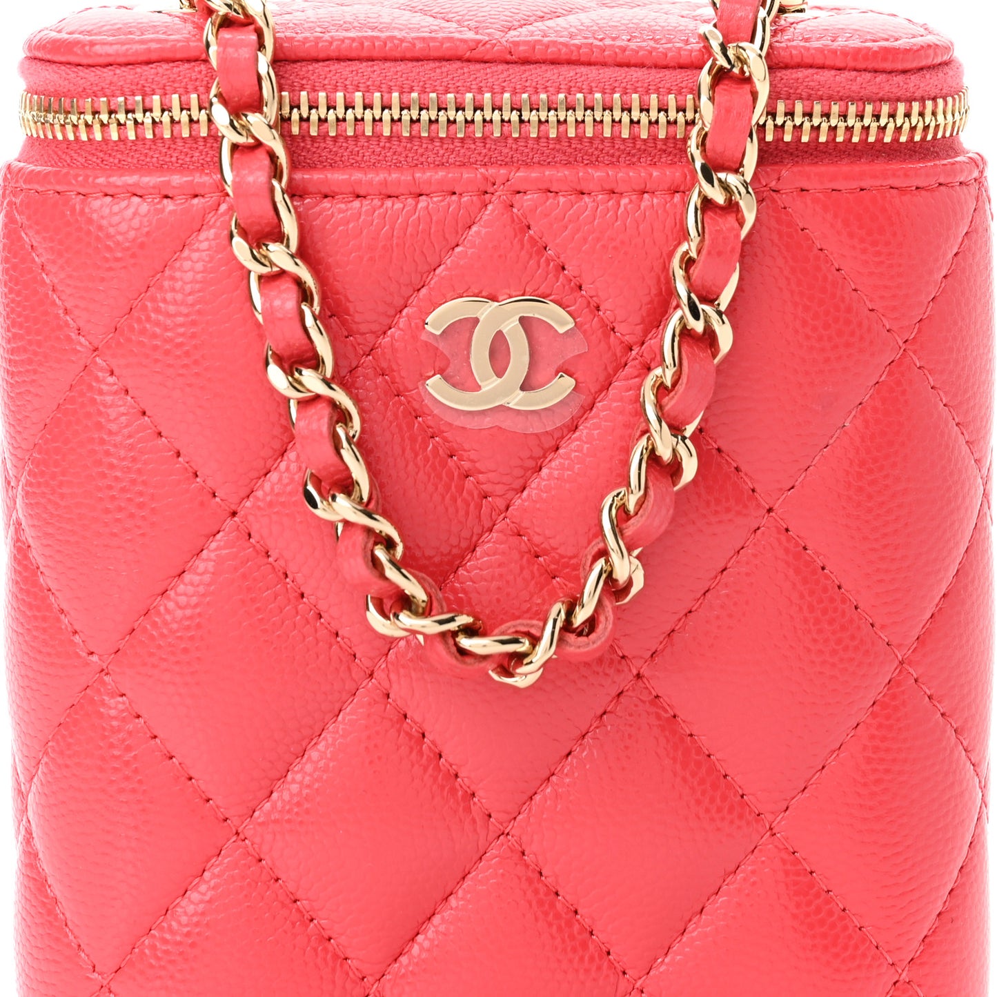 Caviar Quilted Small Vertical Coco Beauty Vanity Case With Chain Red